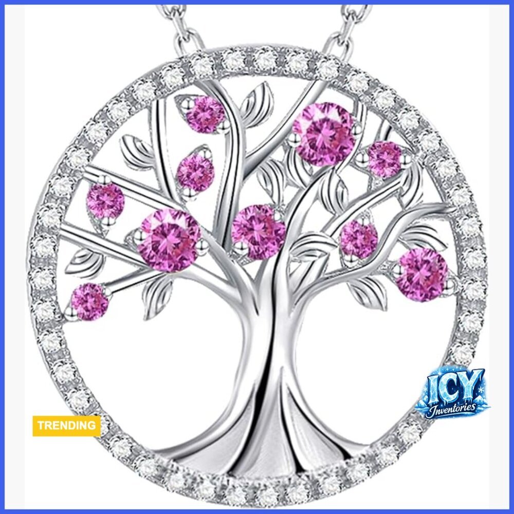 Tree of Life Pendant Necklace in 925 Sterling Silver with Pink Tourmaline
